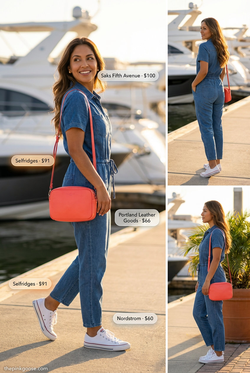 Lakeside Chic: Everyday Summer Outfits 2026 Light wash denim short-sleeve utility jumpsuit for everyday summer outfits for women, styled with white sneakers and a coral crossbody bag.
