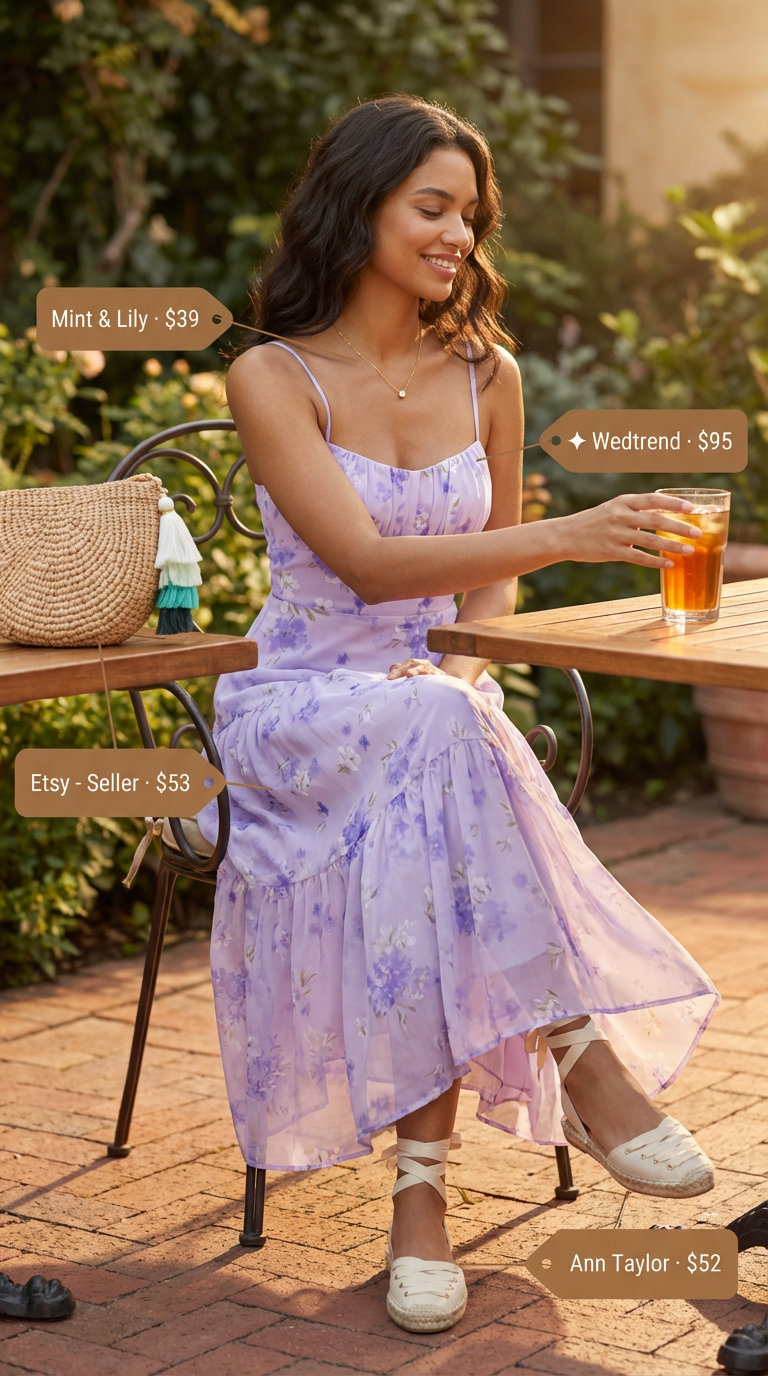 Picnic Perfect: Everyday Summer Outfits 2026 Romantic lavender floral tiered midi dress for everyday summer outfits for women, paired with flat espadrille sandals and a straw bag.