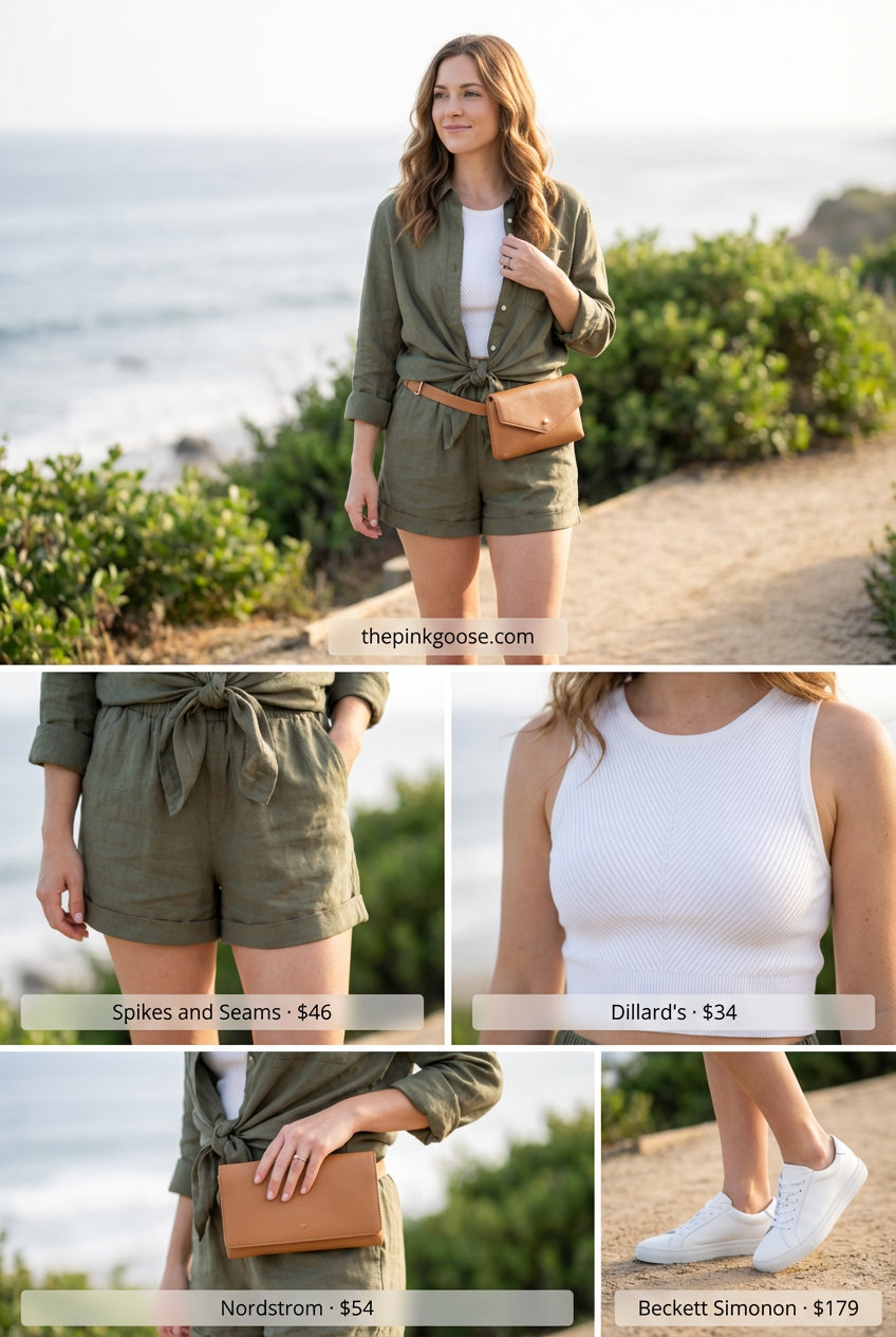 Weekend Getaway Road Trip: Everyday Summer Outfits 2026 Everyday Summer Outfits for women 2026 with an olive green linen matching set, white crop top, white sneakers, and a tan belt bag for a road trip.