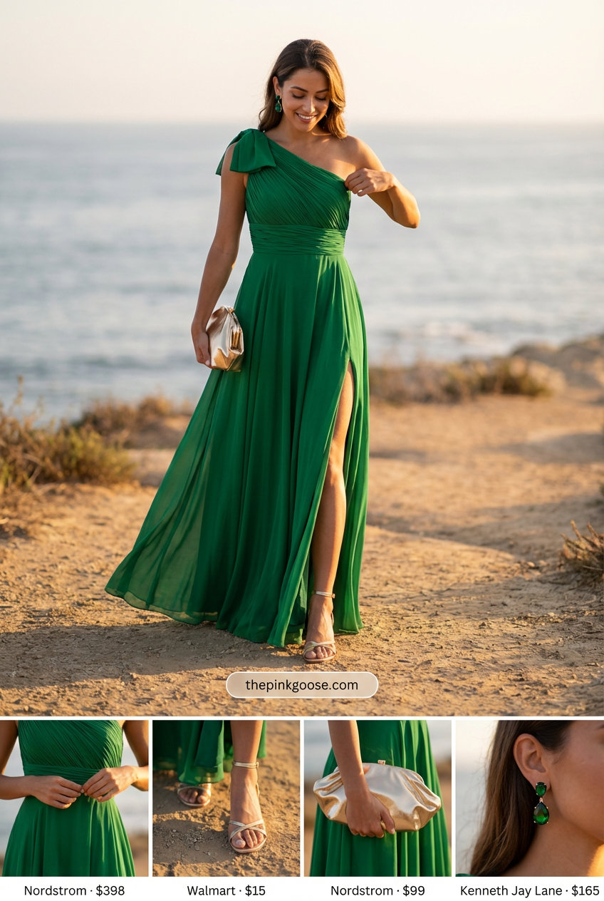 Sunset Glamour: Everyday Summer Outfits 2026 Stunning emerald green one-shoulder pleated maxi dress for everyday summer outfits for women, accessorized with gold sandals and clutch.