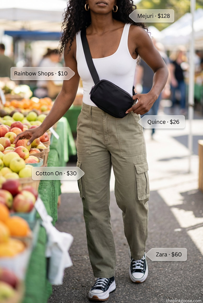 Urban Explorer Chic: Everyday Summer Outfits 2026 Everyday Summer Outfits for women 2026: khaki green cargo pants, a black bodysuit, white platform sneakers, and a black belt bag for urban exploration.