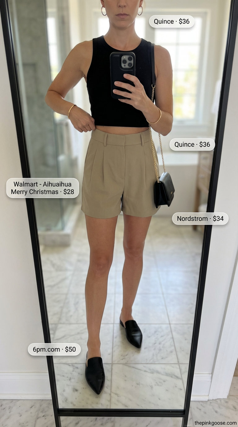 Urban Explorer Chic: Everyday Summer Outfits 2026 Modern utilitarian khaki tailored shorts for everyday summer outfits for women, paired with a black ribbed tank top and black mule sandals.