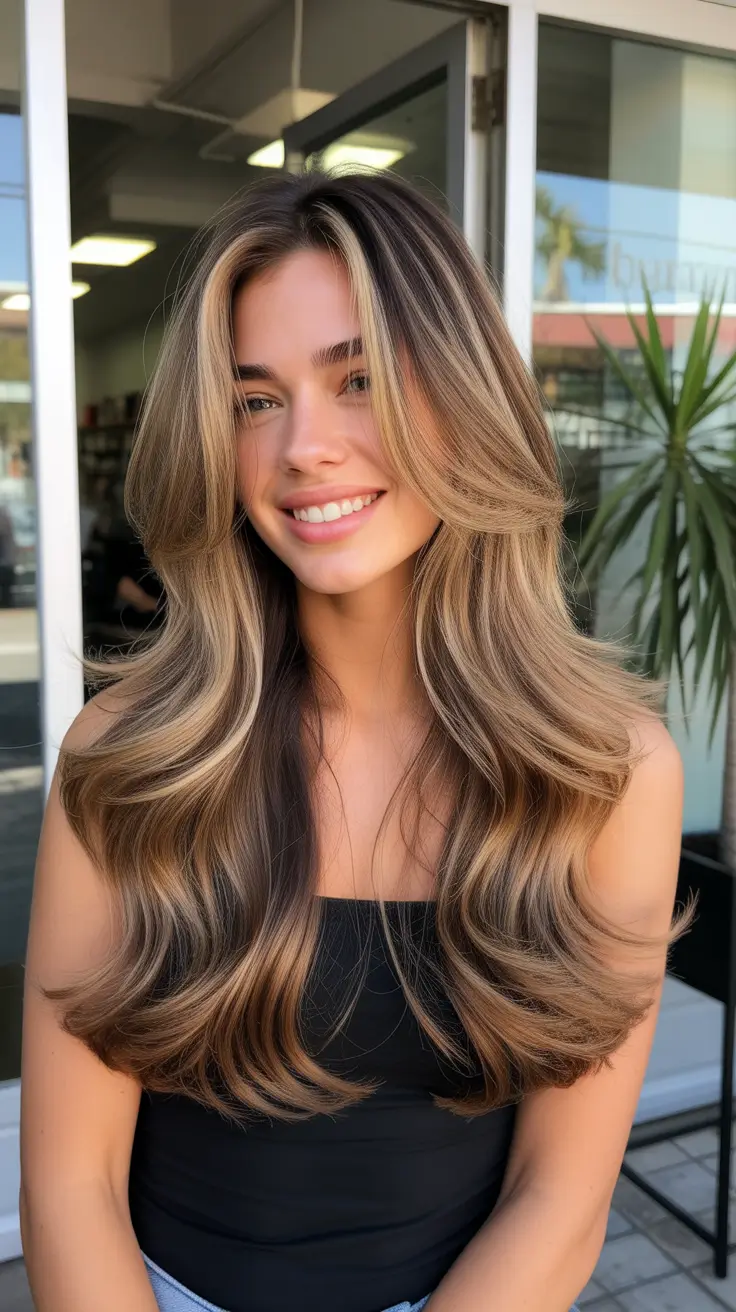 spring shag hairstyle 2026 Long Layered Shag with Soft Blonde Dimension