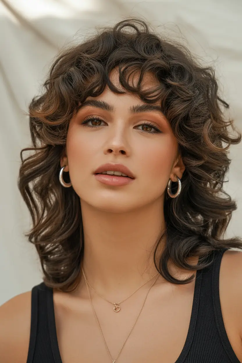spring shag hairstyle 2026 Medium Curly Shag with Natural Volume
