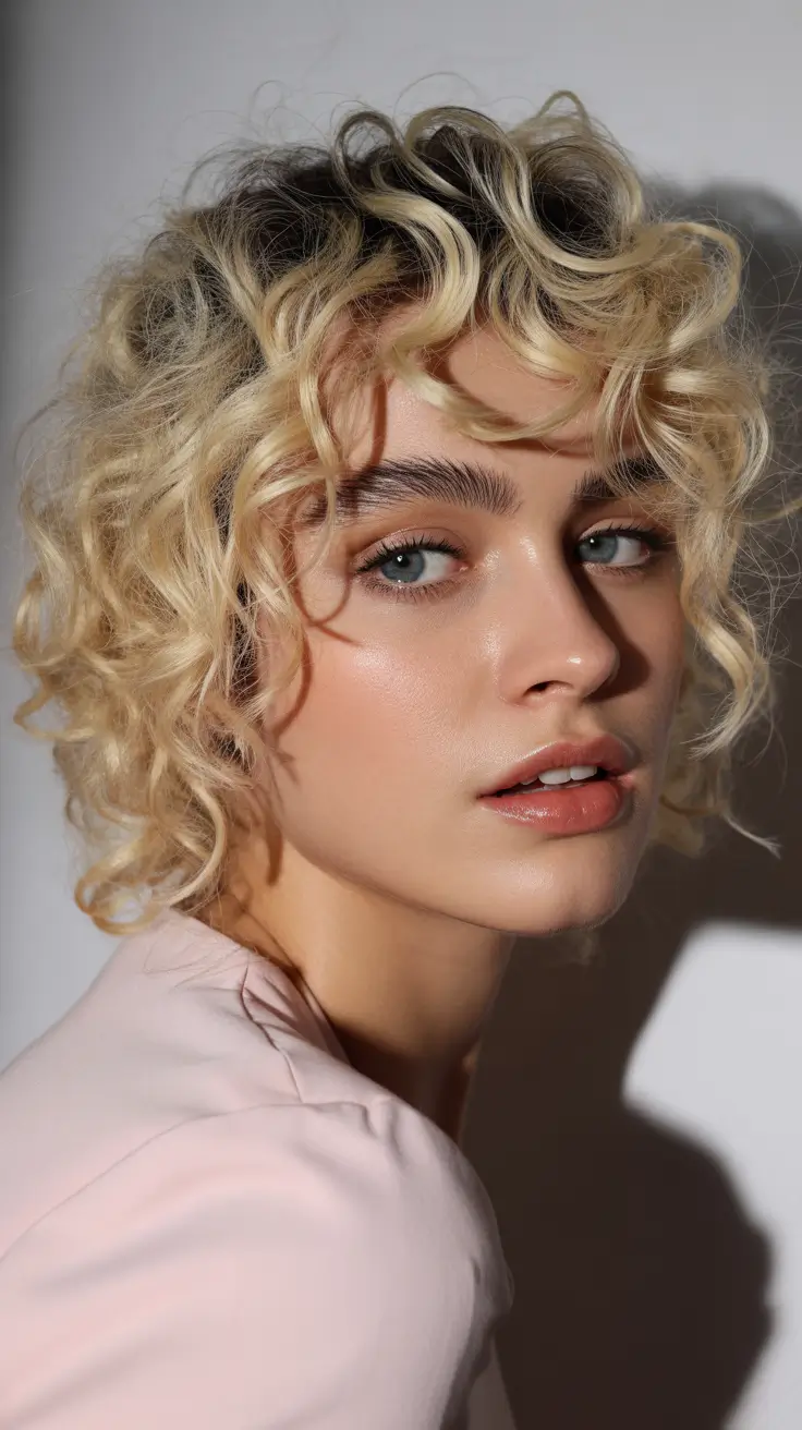 spring shag hairstyle 2026 Short Curly Blonde Shag with Light Texture