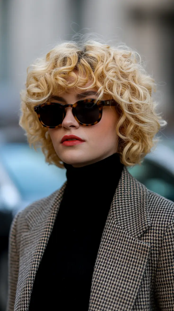 spring shag hairstyle 2026 Short Curly Blonde Shag with Playful Volume