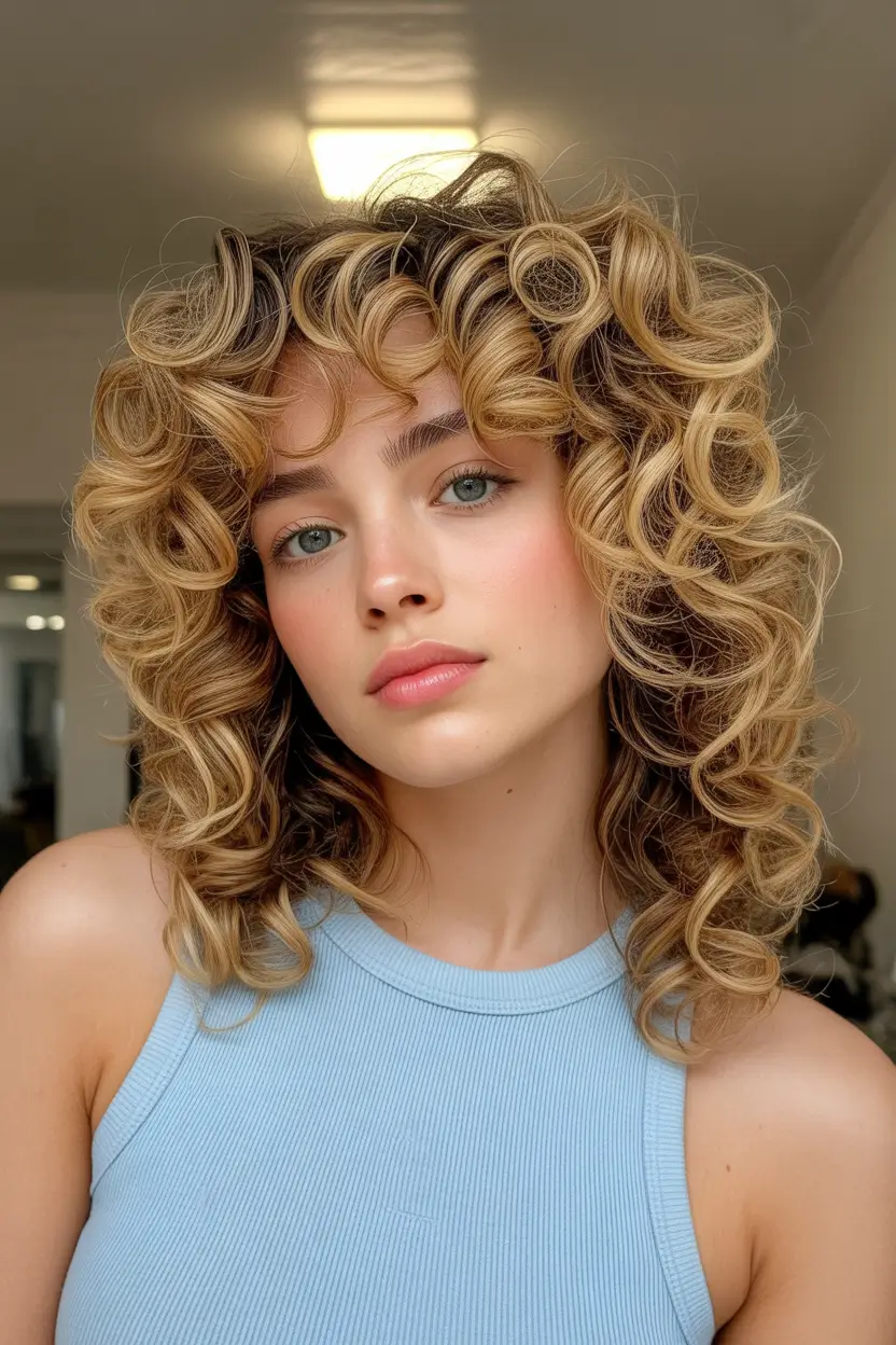 spring shag hairstyle 2026 Soft Medium Shag with Defined Curly Bangs