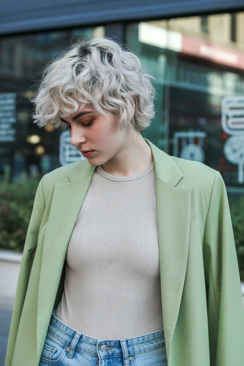 spring shag hairstyle 2026 Short Curly Shag with Modern Silver Tone