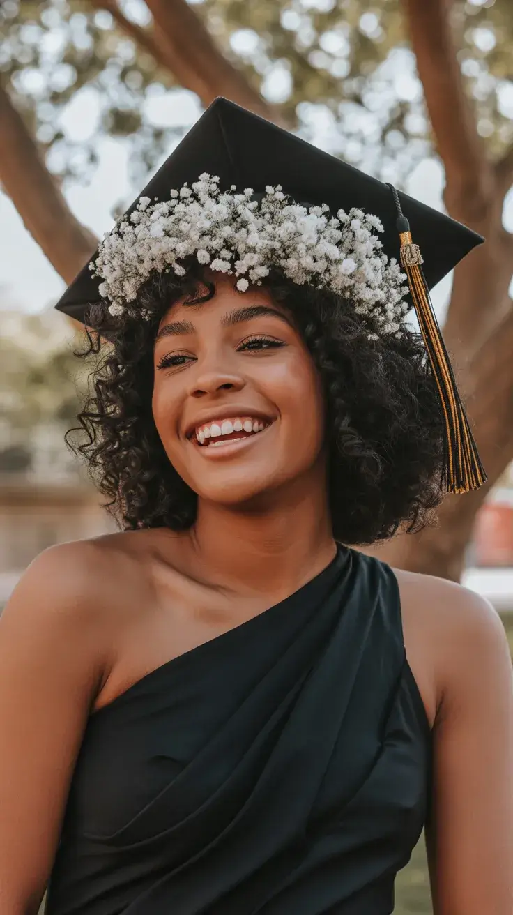 graduation hairstyles ideas 2026 Natural Curly Graduation Look That Frames the Cap Beautifully