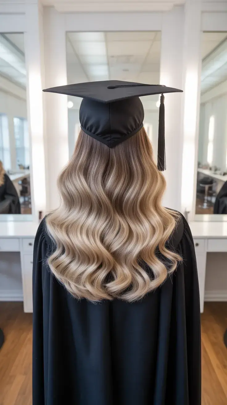 graduation hairstyles ideas 2026 Soft long waves flowing naturally under a graduation cap