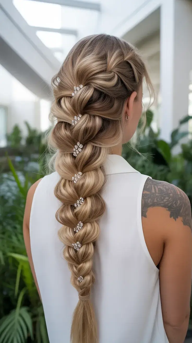 graduation hairstyles ideas 2026 Elegant statement braid with jeweled accents