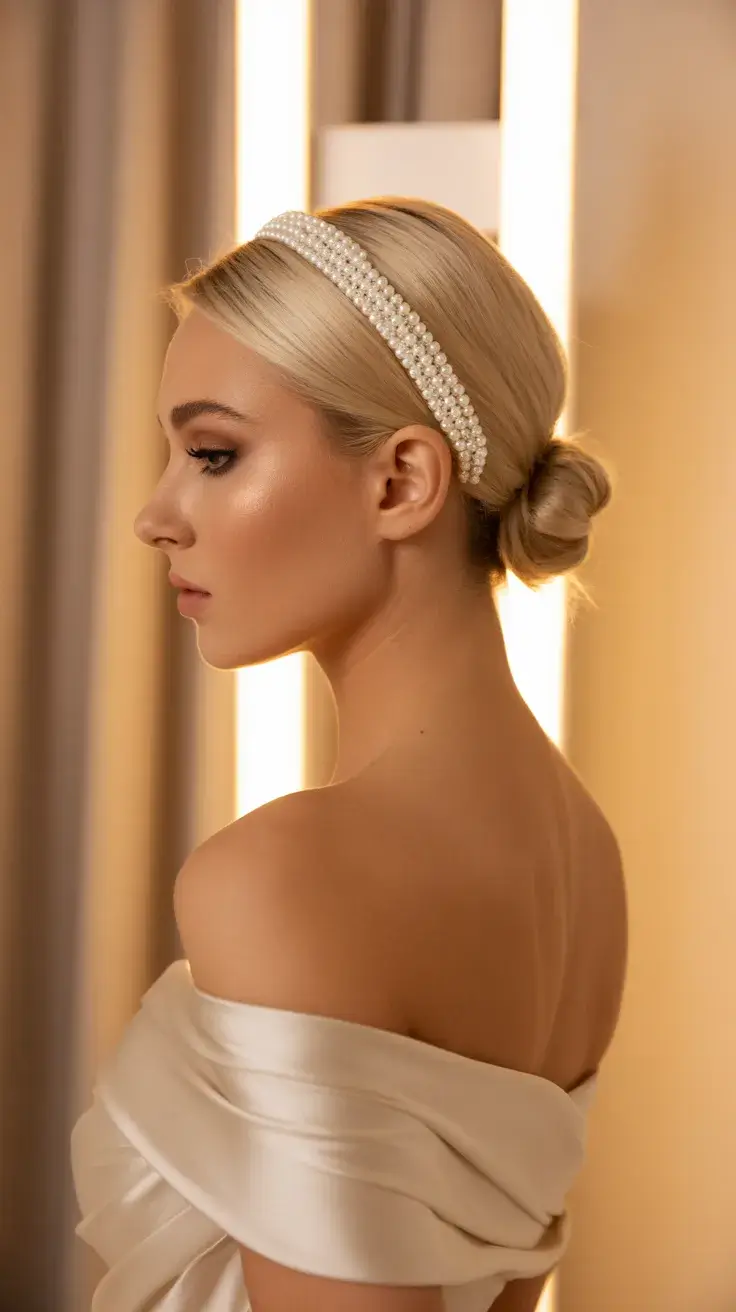 graduation hairstyles ideas 2026 Elegant Low Bun with Pearl Headband