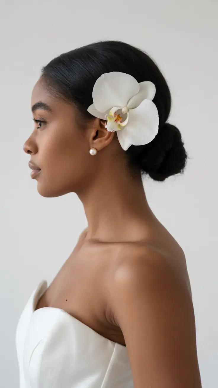 graduation hairstyles ideas 2026 Minimal sleek bun with floral accent for modern graduation style