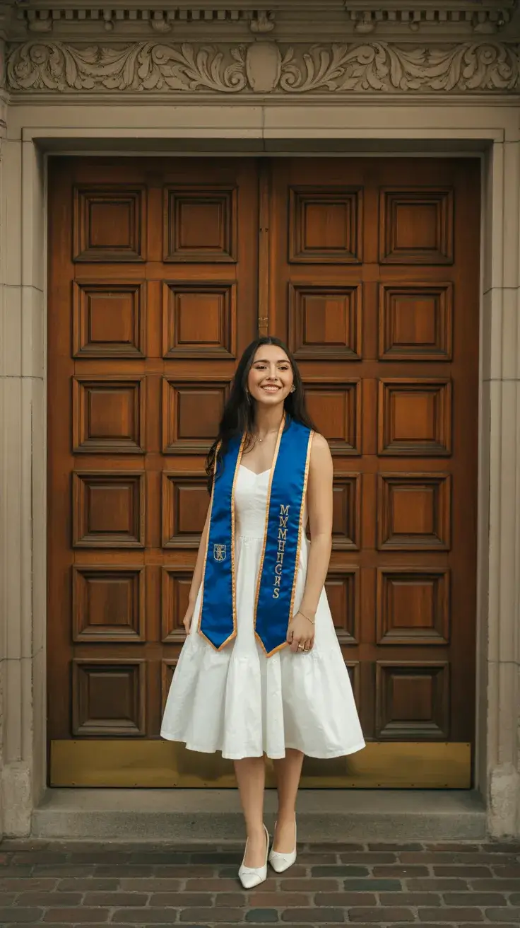 graduation look ideas 2026 Classic White Graduation Dress With Academic Stole