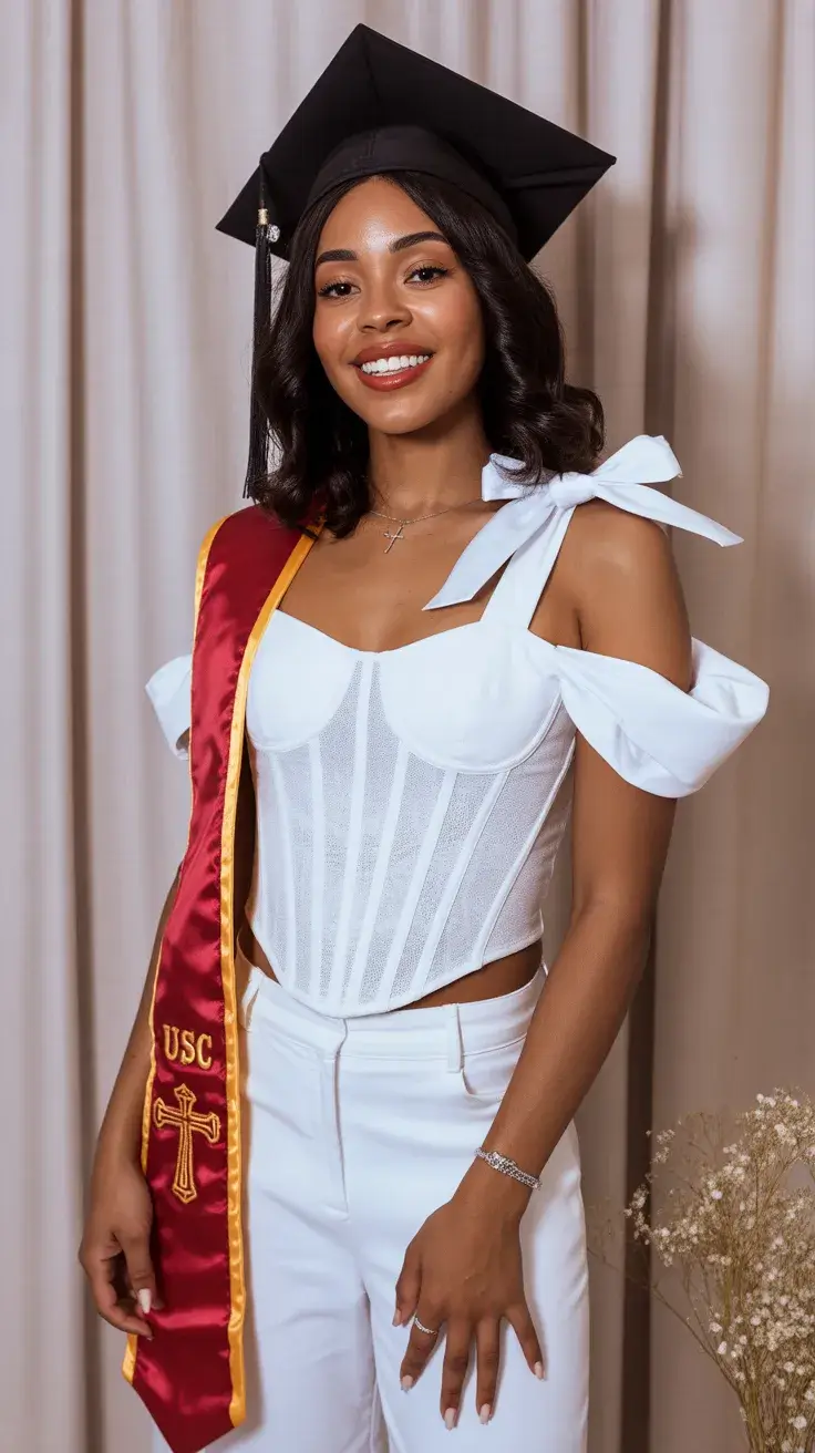 graduation look ideas 2026 White Corset Graduation Look With Statement Bow