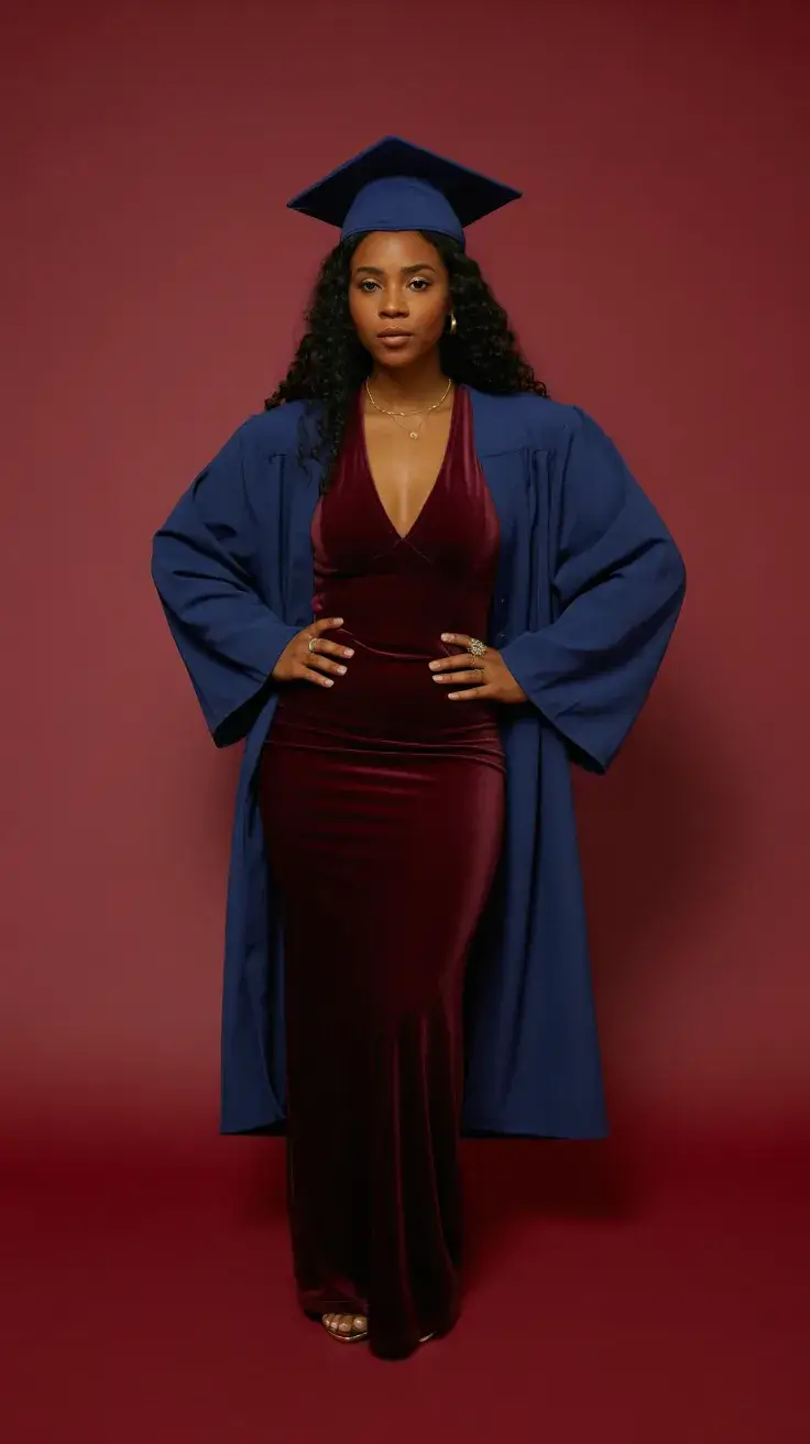graduation look ideas 2026 Velvet Evening Dress Under the Graduation Robe