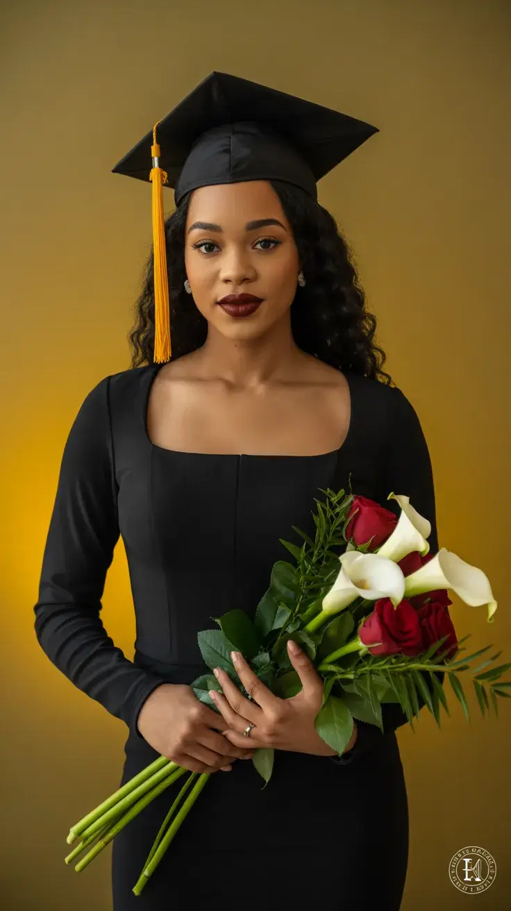 graduation look ideas 2026 Classic Black Graduation Dress With Elegant Floral Moment