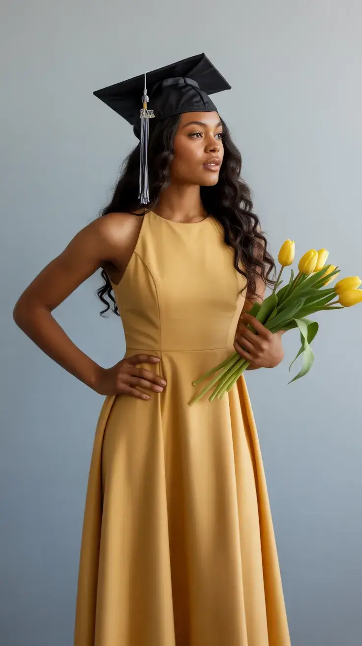 graduation look ideas 2026 Modern Mustard Graduation Dress With Clean Lines