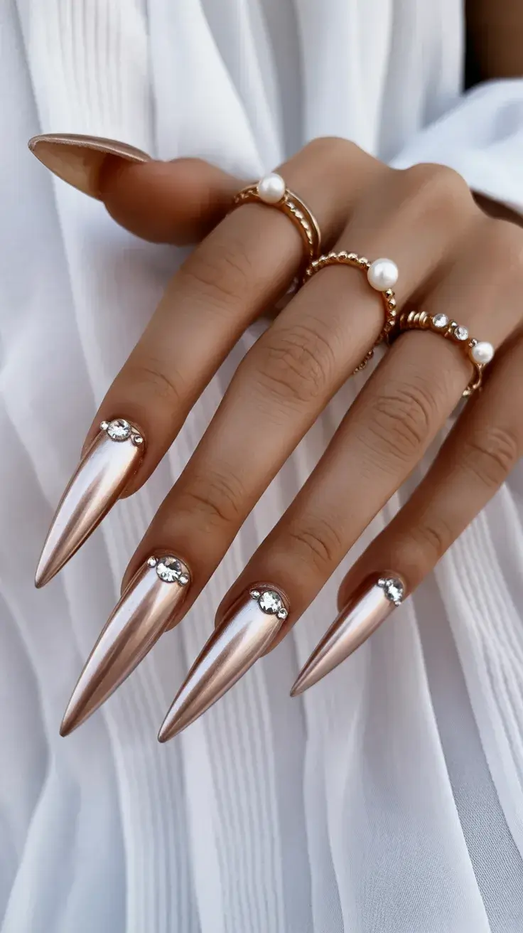 graduation nails ideas 2026 rose gold chrome stiletto nails
