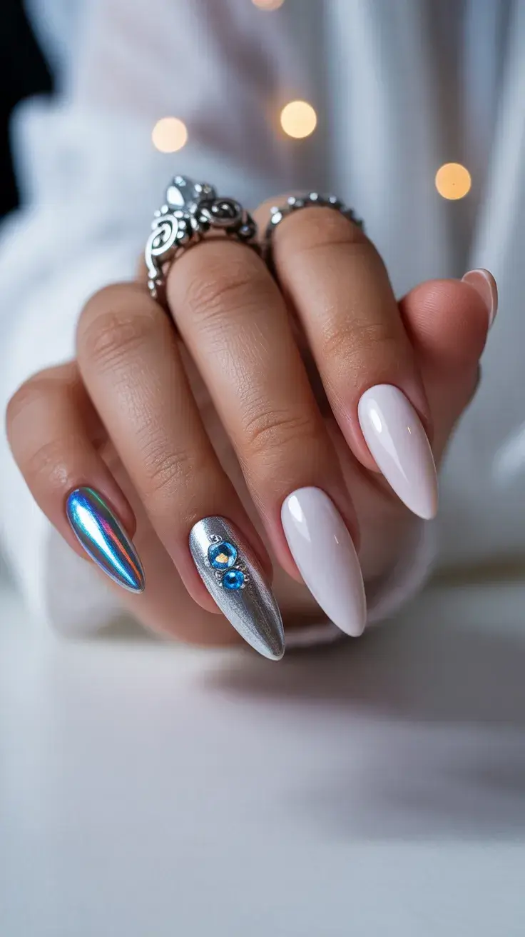 graduation nails ideas 2026 blue chrome accent nails