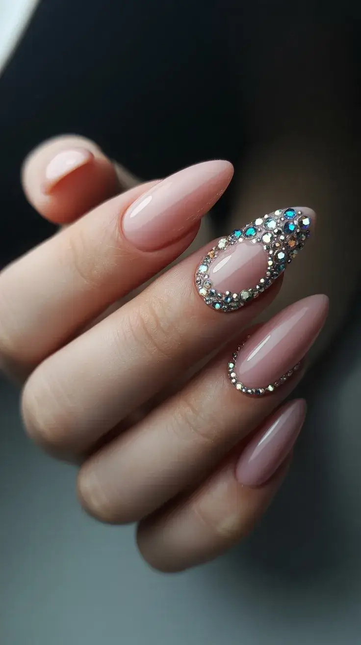 graduation nails ideas 2026 nude crystal accent nails