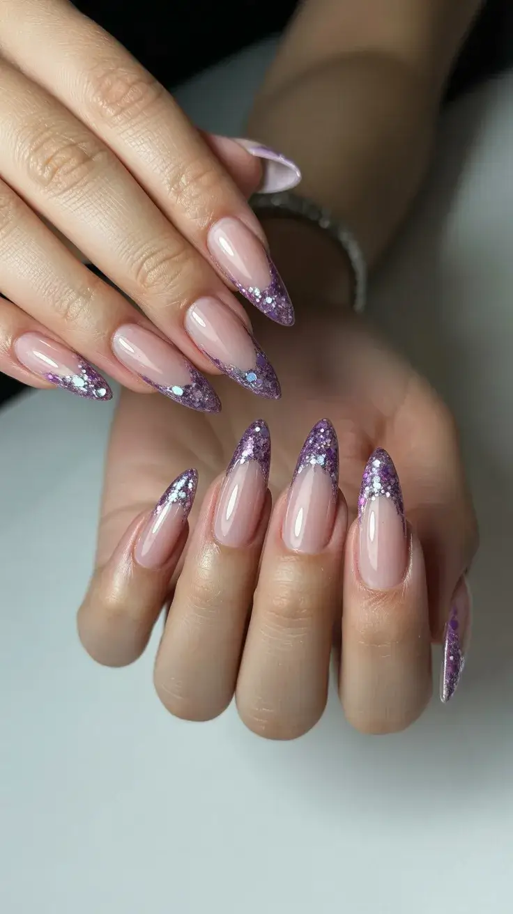 graduation nails ideas 2026 lavender glitter french nails