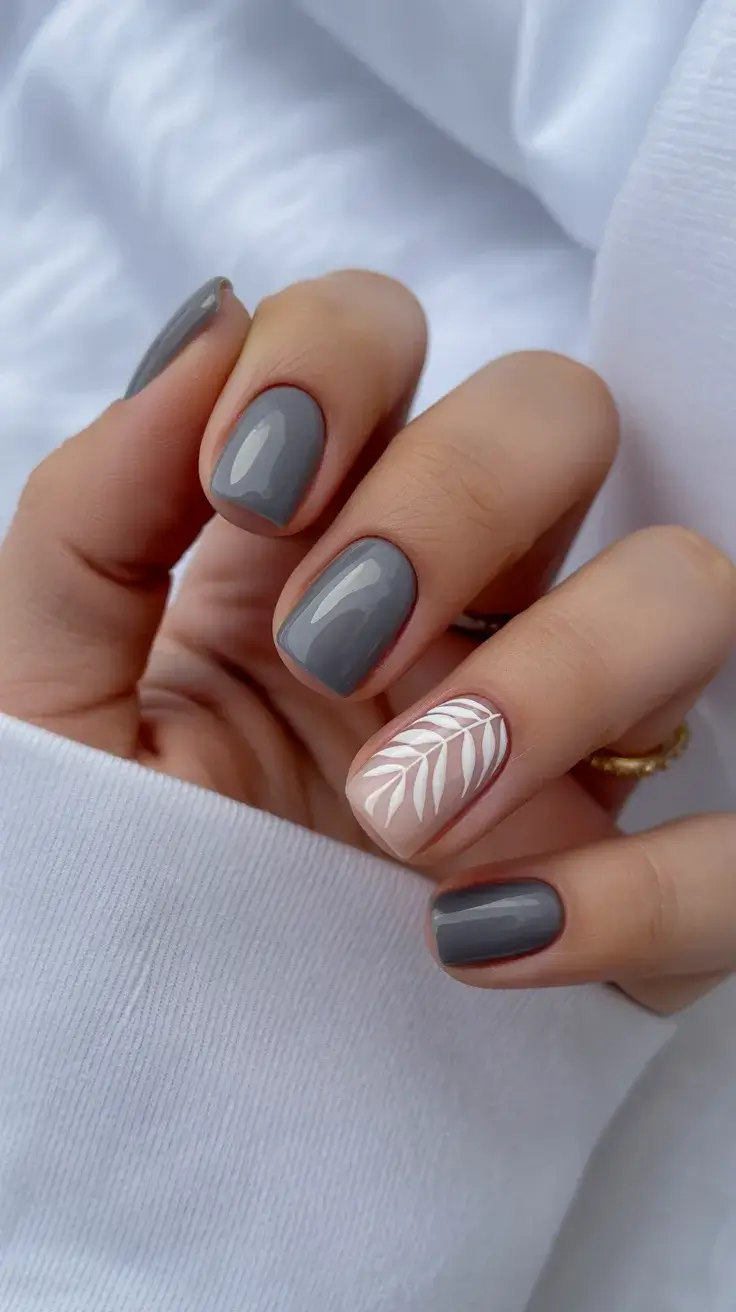 graduation nails ideas 2026 Cool Gray Minimalist Nails with Botanical Accent