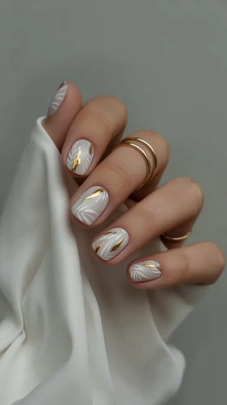 graduation nails ideas 2026 Classy White Nails with Gold Leaf Accents