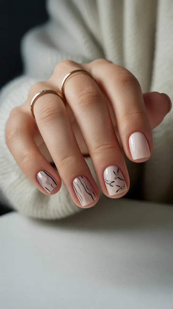 graduation nails ideas 2026 Soft Nude Short Nails with Fine Line Art
