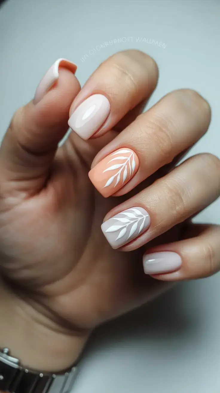 graduation nails ideas 2026 Peach and Soft White Botanical Nails for a Fresh Graduation Look