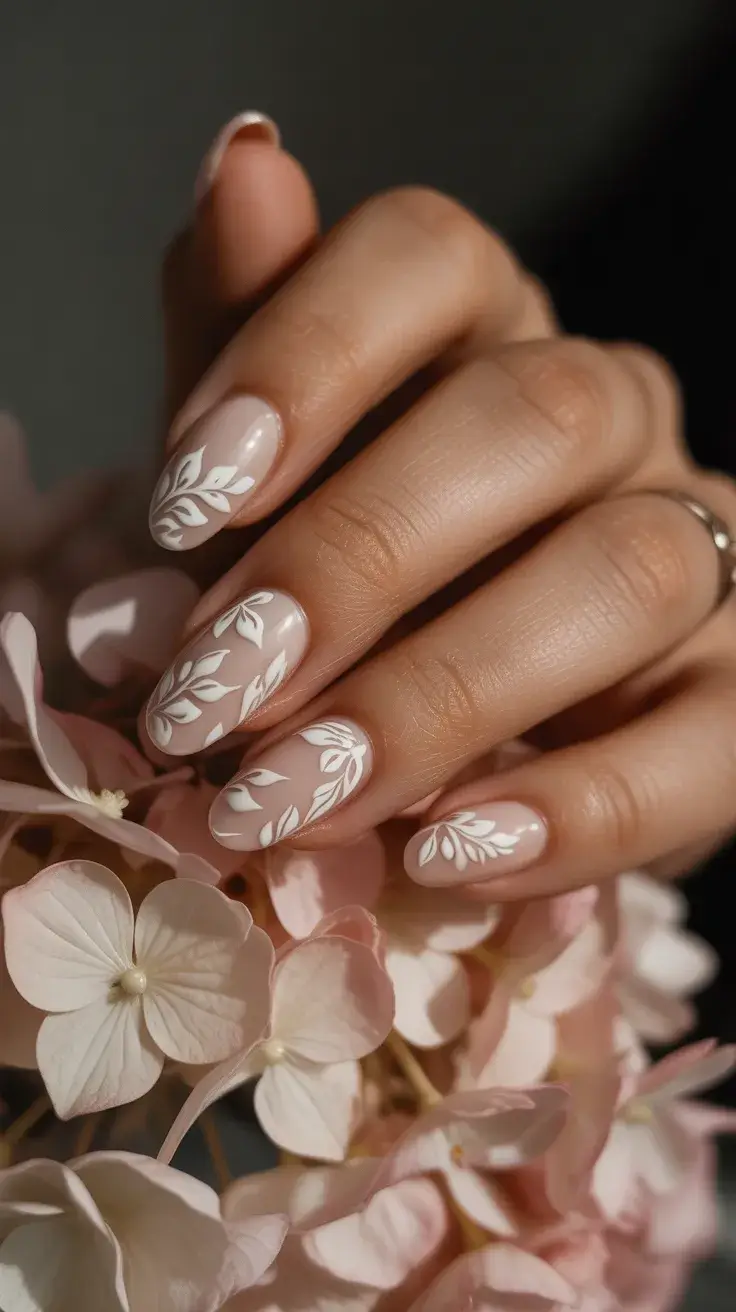 graduation nails ideas 2026 nude almond botanical nails