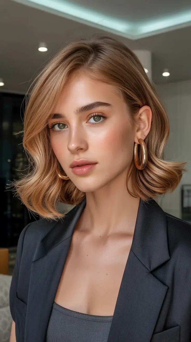 May Hair Color 2026 Soft milk tea bob with subtle inward curve