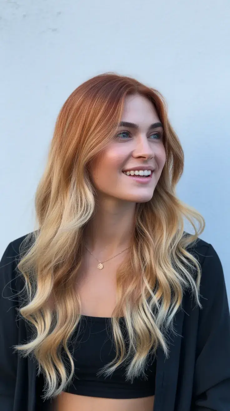 May Hair Color 2026 Soft copper fade into sunlit blonde lengths