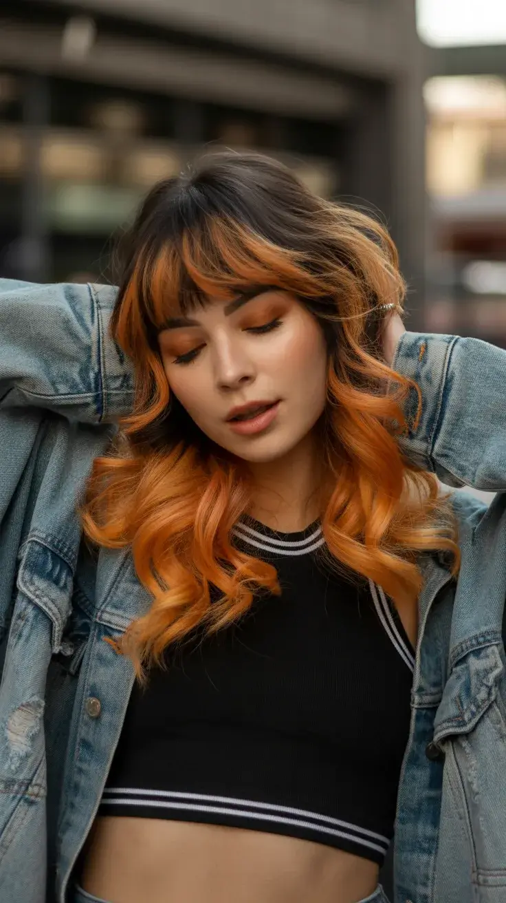 May Hair Color 2026 Edgy calico contrast with soft curls and fringe