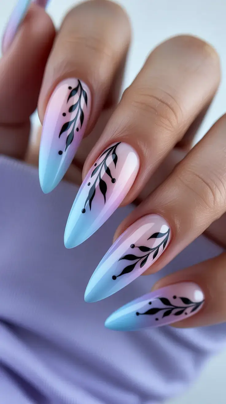 May Nails Ideas 2026 Pastel Ombre Almond with Botanical Accents