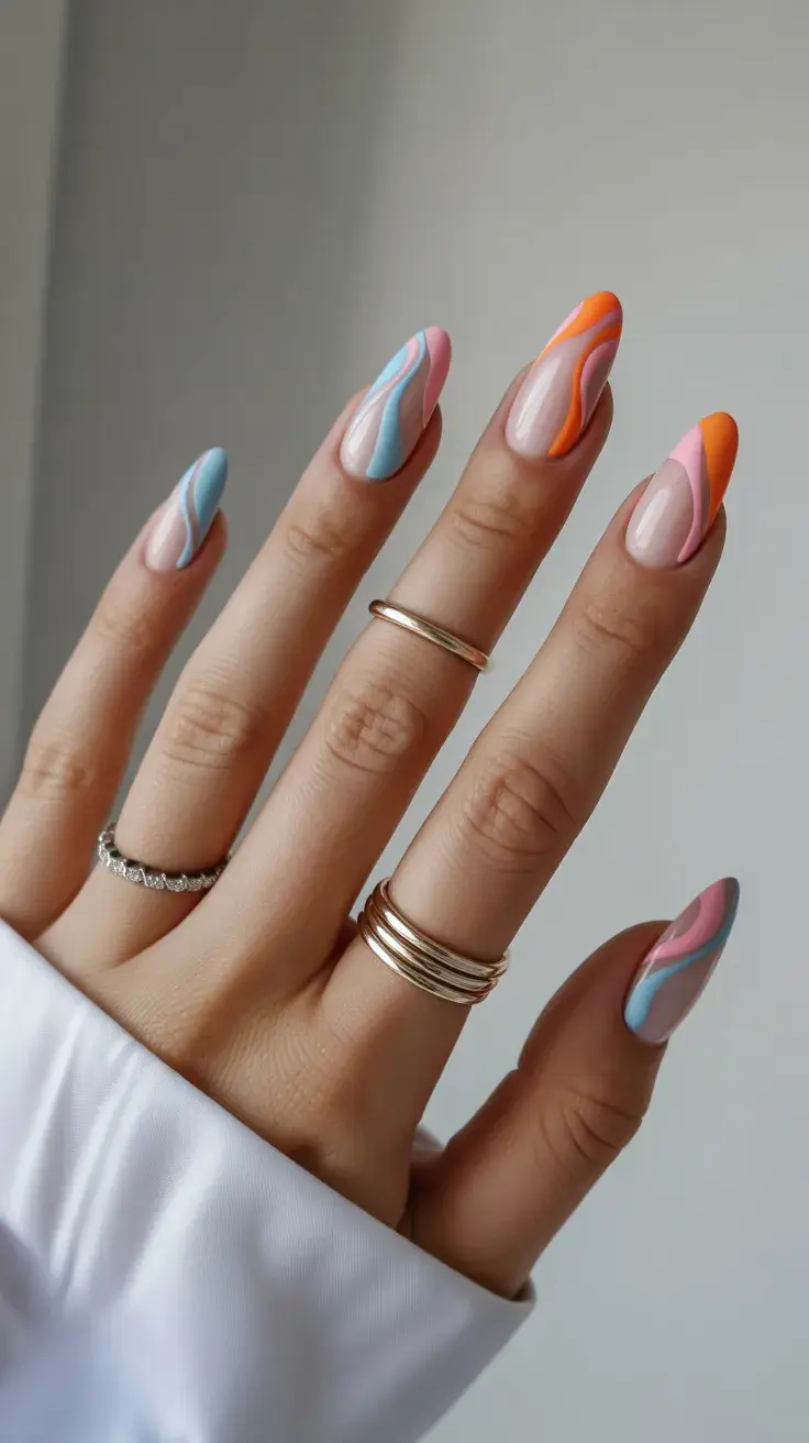 May Nails Ideas 2026 Almond Pastel Swirl Nails with Bright Accents