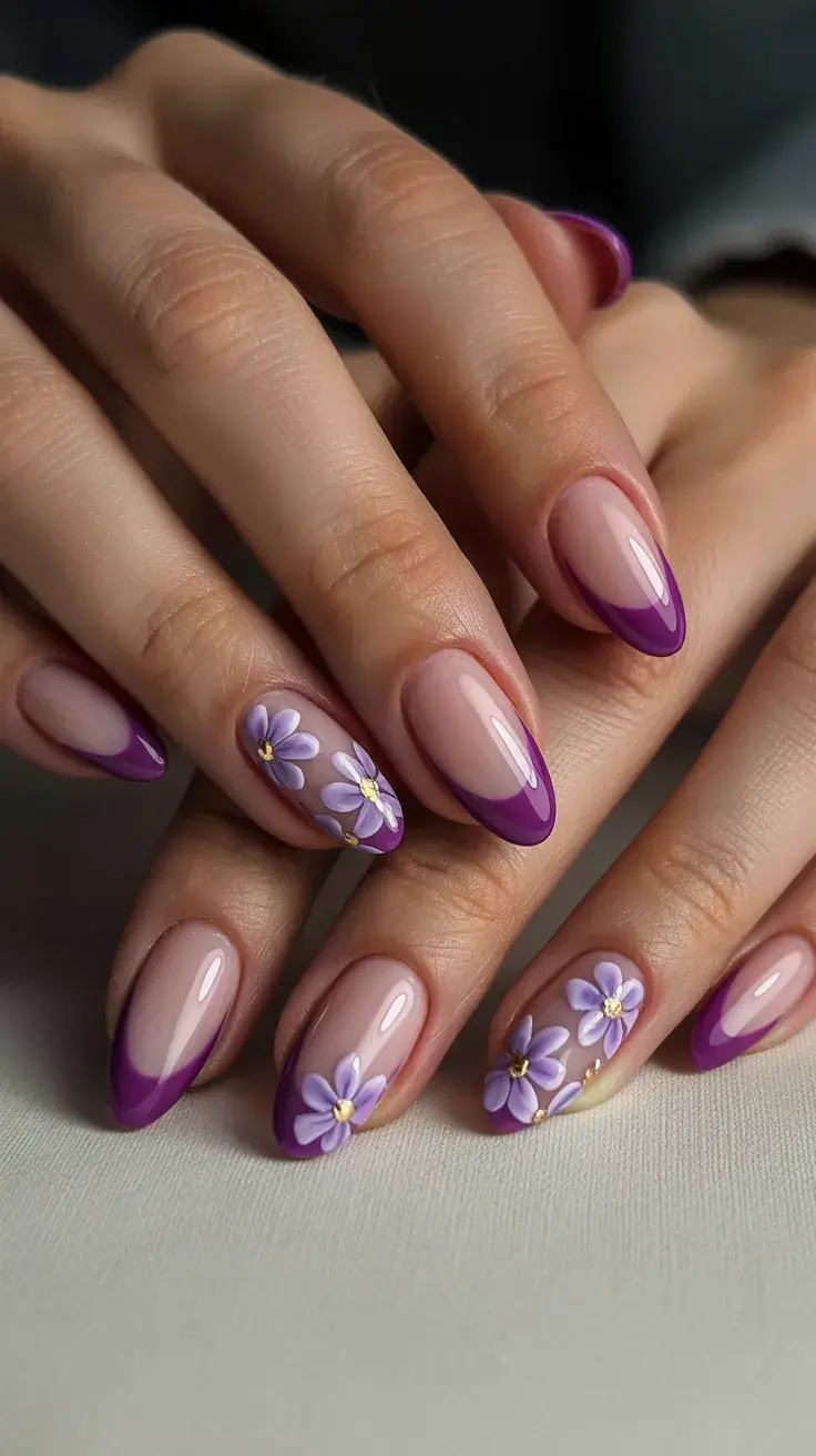 May Nails Ideas 2026 Almond French Tips with Purple Florals