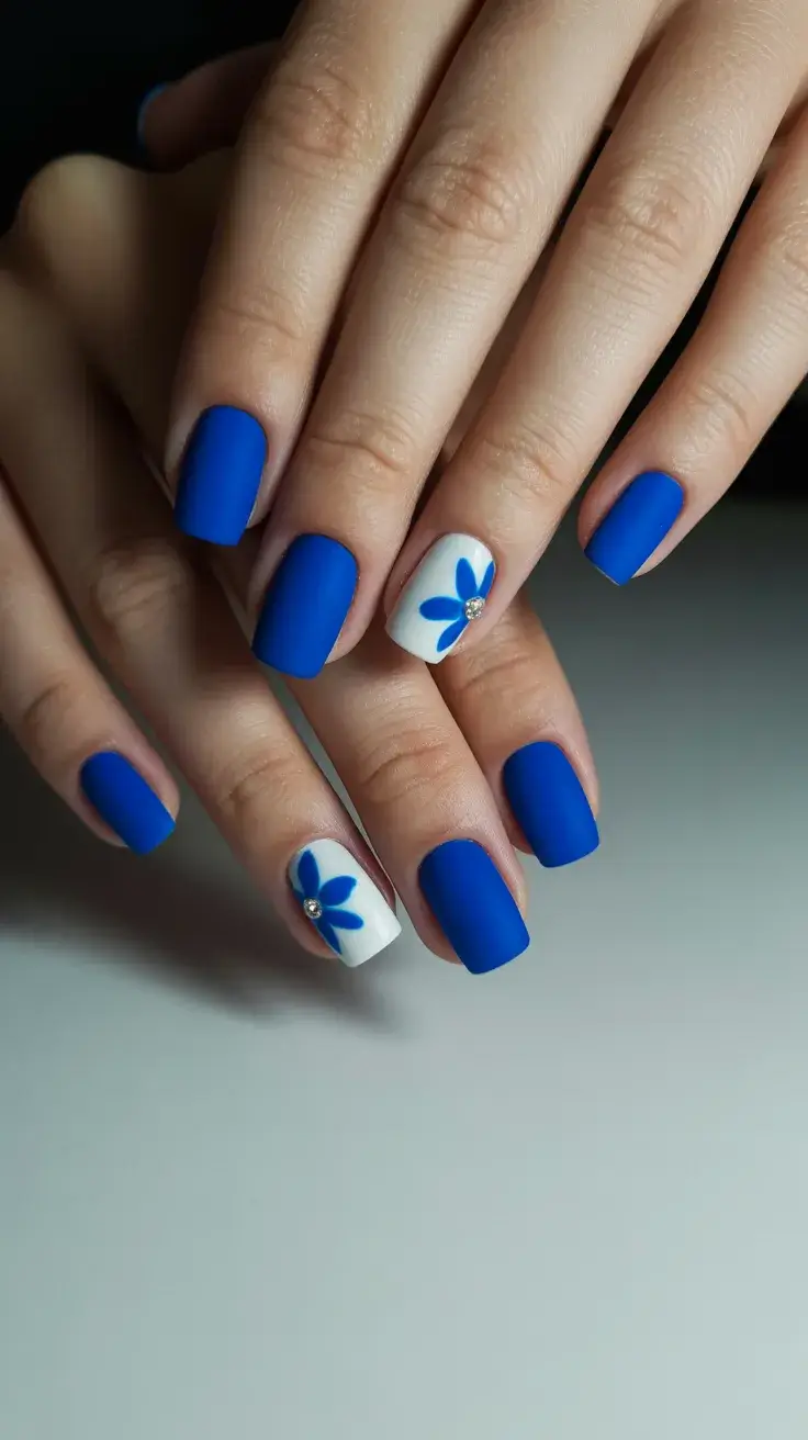 May Nails Ideas 2026 Matte Blue Square Nails with Floral Accent