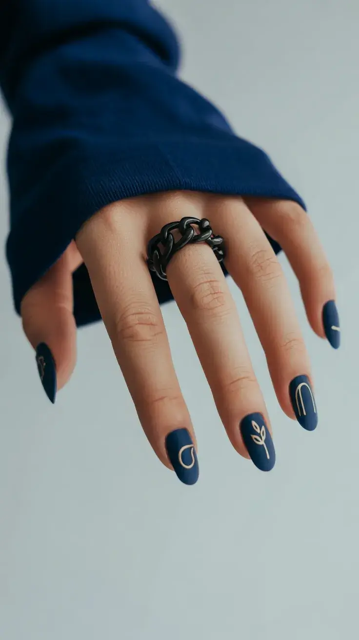 May Nails Ideas 2026 Dark Blue Minimalist Nails with Line Art