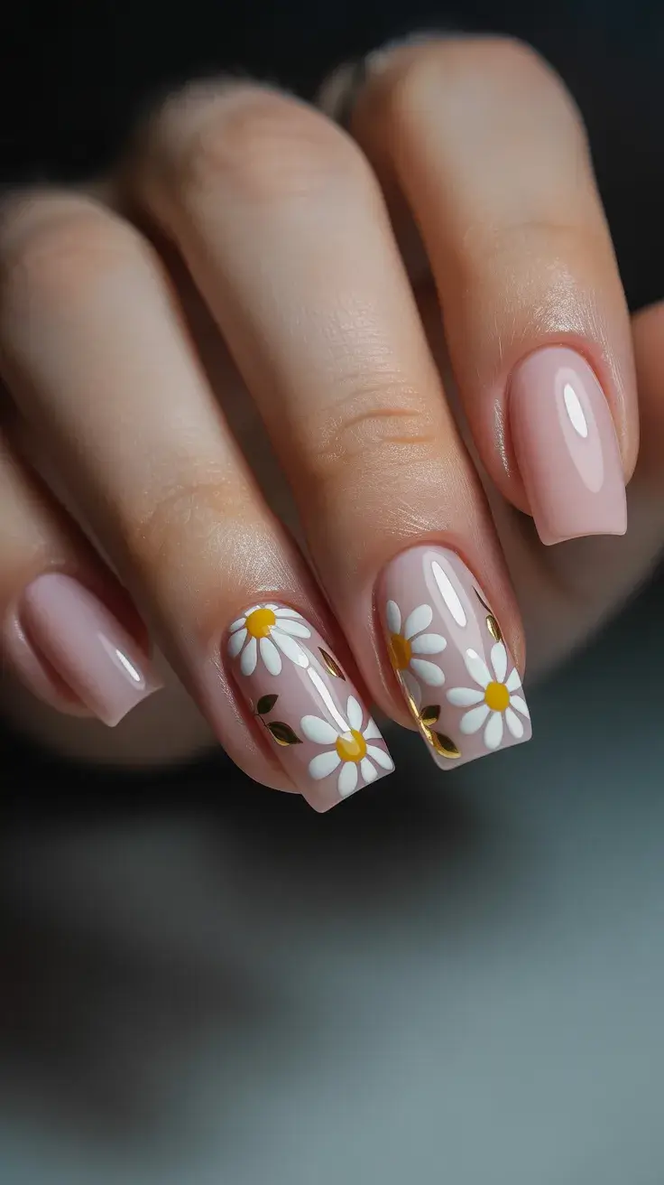 May Nails Ideas 2026 Soft Pink Square with Daisy Details