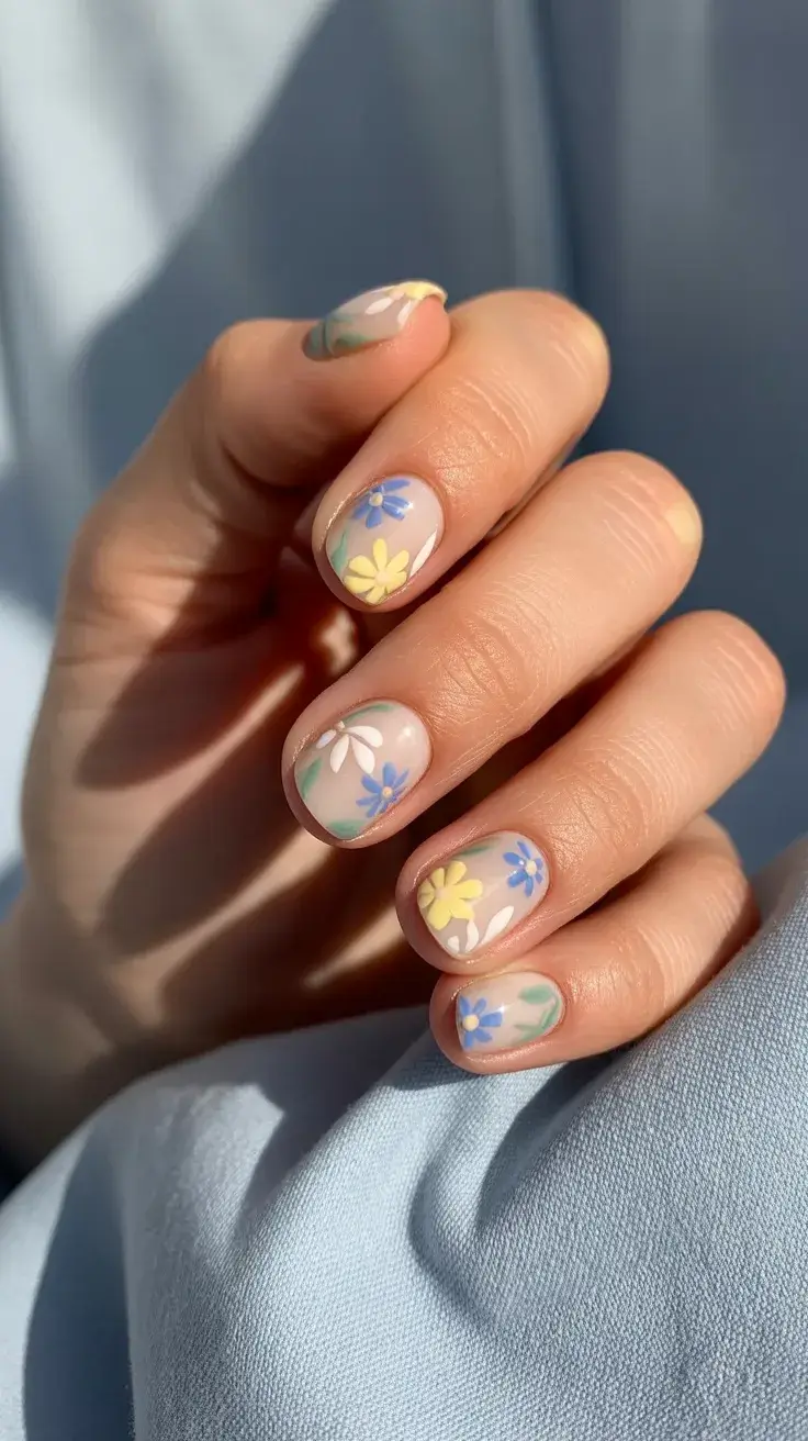 May Nails Ideas 2026 Pastel Garden Mix - Playful Florals for Short Nails