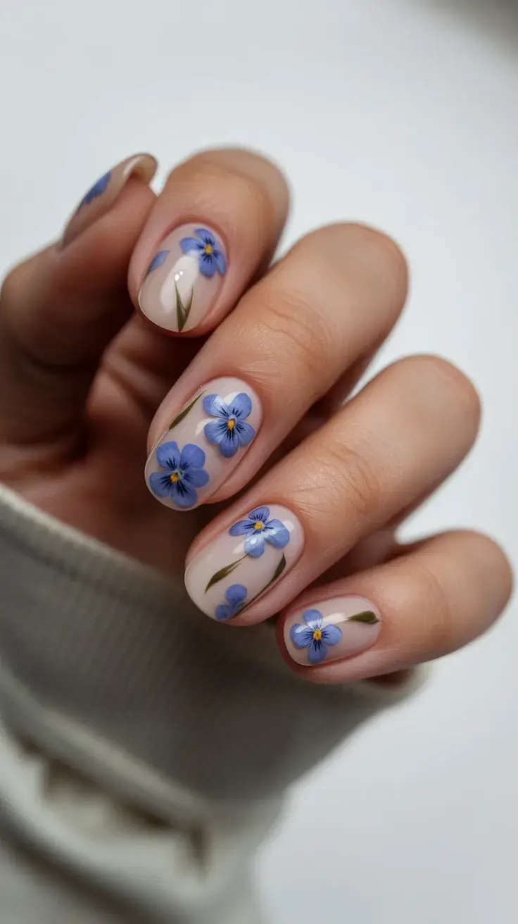 May Nails Ideas 2026 Delicate Blue Florals on Milky Base - Soft May Romance