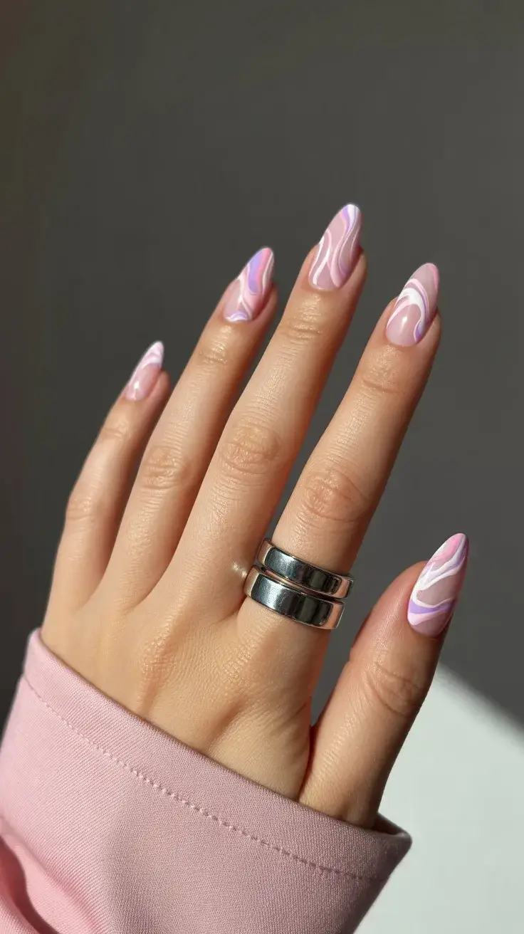 May Nails Ideas 2026 Glossy Pink Marble Almond Nails