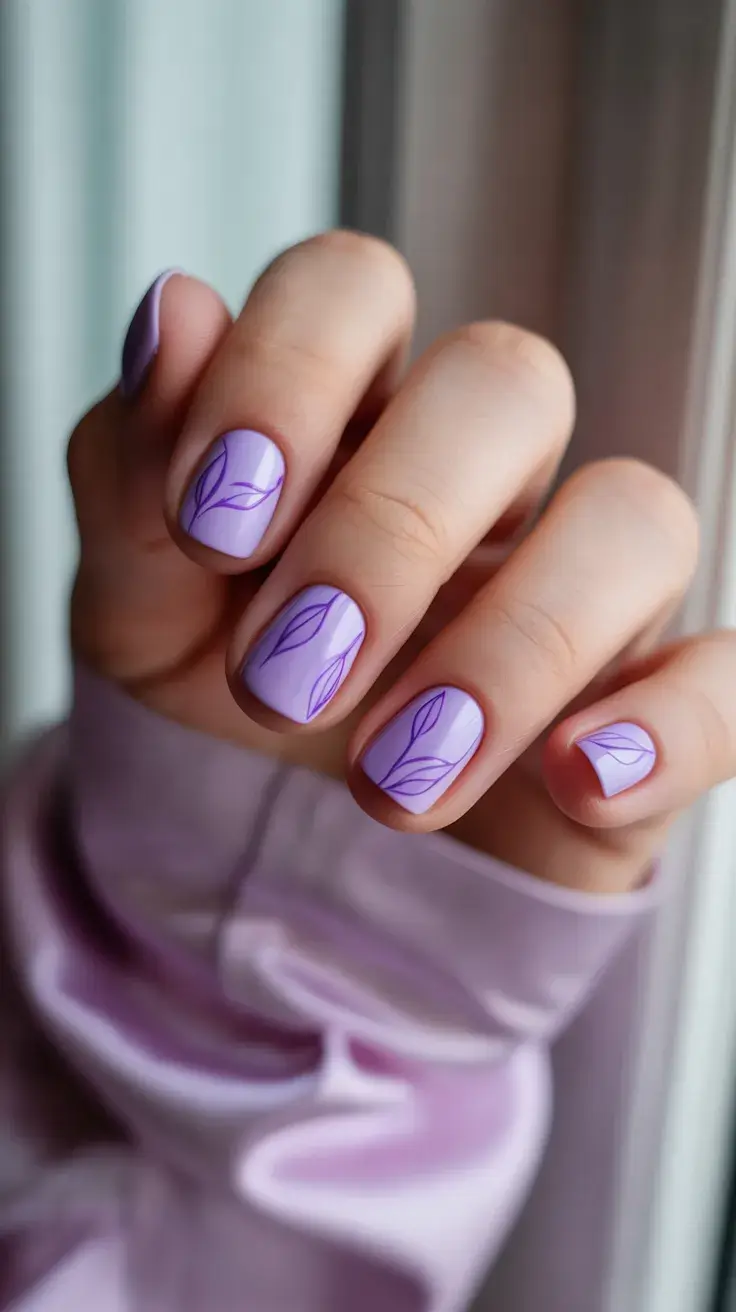 May Nails Ideas 2026 Minimalist Lavender Short Nails with Leaf Lines