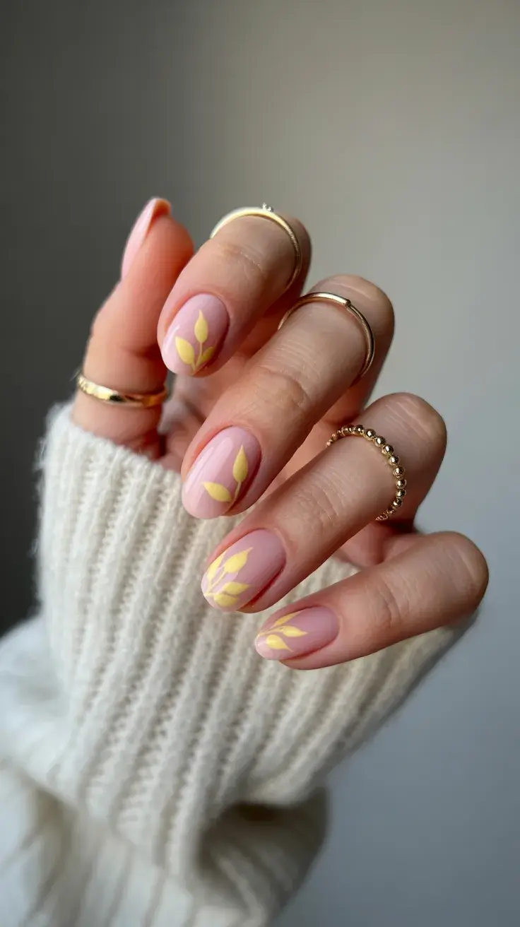 May Nails Ideas 2026 Soft Pink Short Nails with Yellow Leaf Accents
