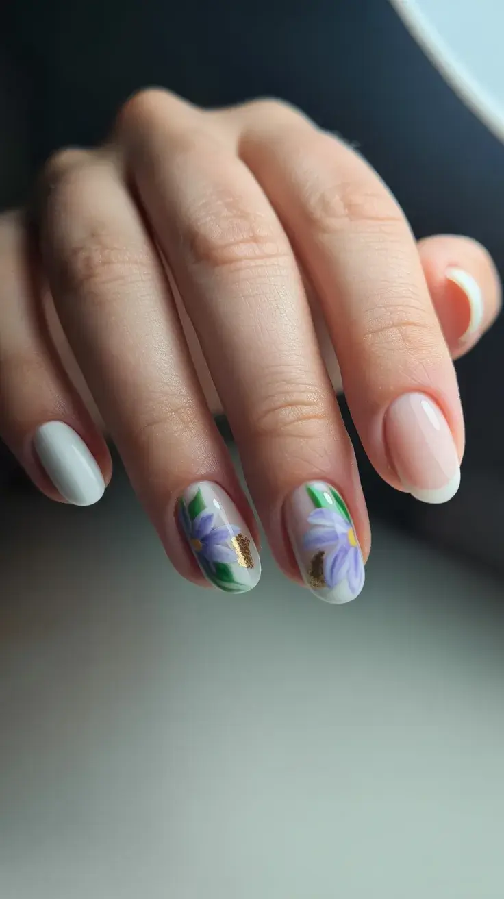 May Nails Ideas 2026 Short Natural Nails with Purple Floral Art