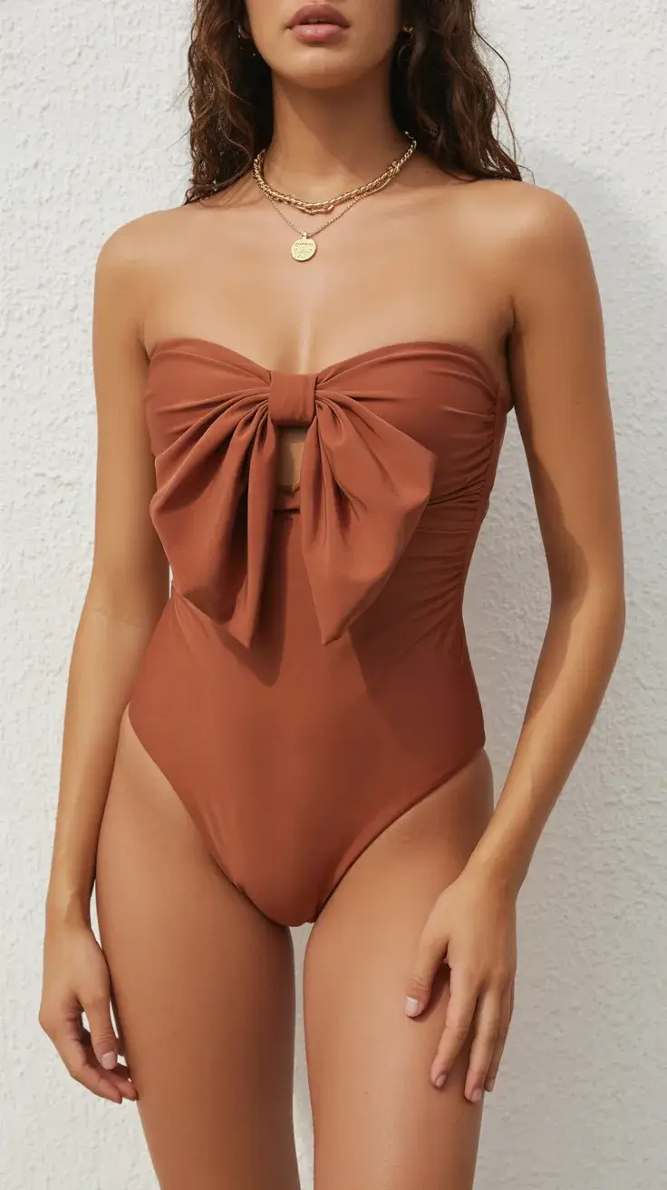 one piece swimsuit 2026 Chocolate Brown Bow Detail One Piece