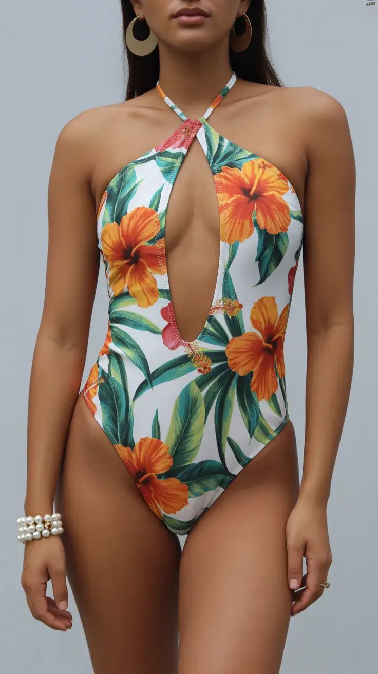 one piece swimsuit 2026 Tropical Colorful Hibiscus Statement Swimsuit