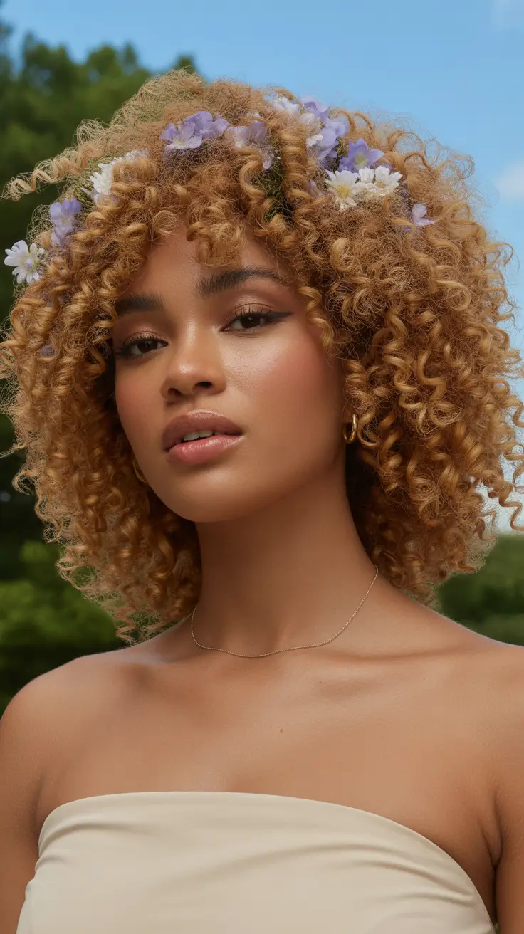 spring hairstyle black women 2026 Golden Curly Bob with Floral Accents