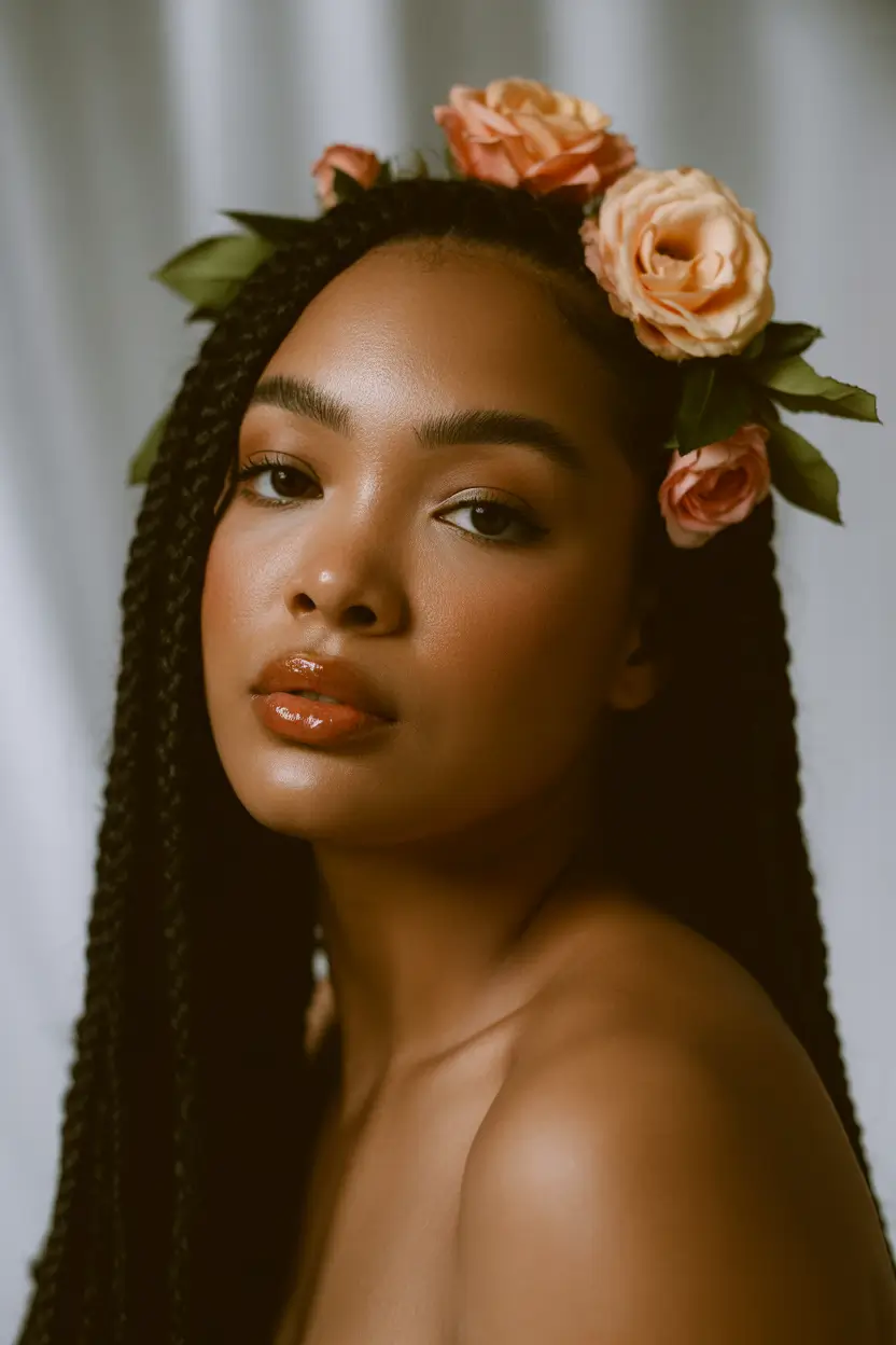 spring hairstyle black women 2026 Long Boho Knotless Braids with Rose Crown
